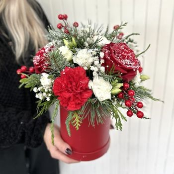 Zasněžený flowerbox s růží a bobulemi