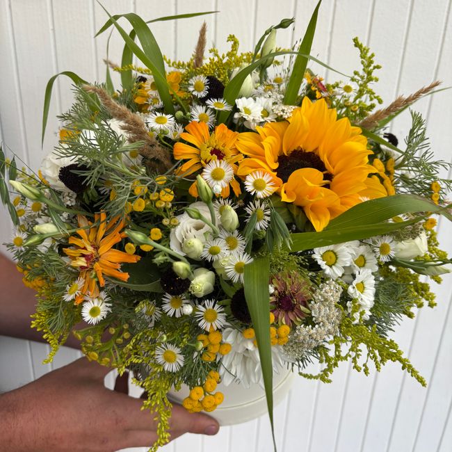 Flowerbox slunečnice s eustomou a lučním kvítím