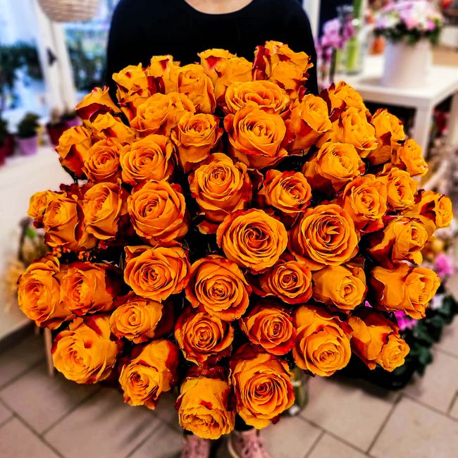 Kytice oranžových, velkokvětých růží 50 ks